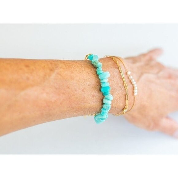 BUNDLE Aqua Chalcedony Drop Earrings & Amazonite Gemstone Bracelet Gold Chain - Picture 10 of 12